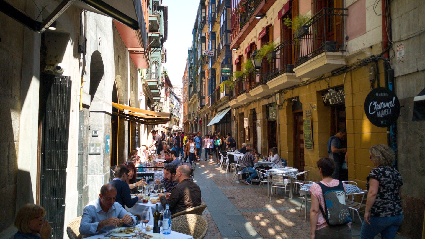 Bilbao, Spain-May 20, 2018: Old town of Bilbao with people havin  License Type: media  Download Time: 2023-04-01T16:29:39.000Z  User: kparker52331  Is Editorial: Yes  purchase_order:   